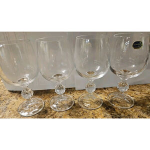 4 VTG Bohemia Crystal Czech Republic 5.75" White Wine Glasses W/Faceted Ball.